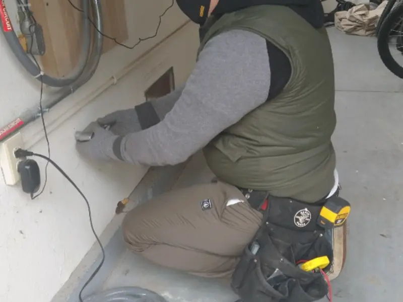 Electrician performing outlet wiring in a Taunton garage